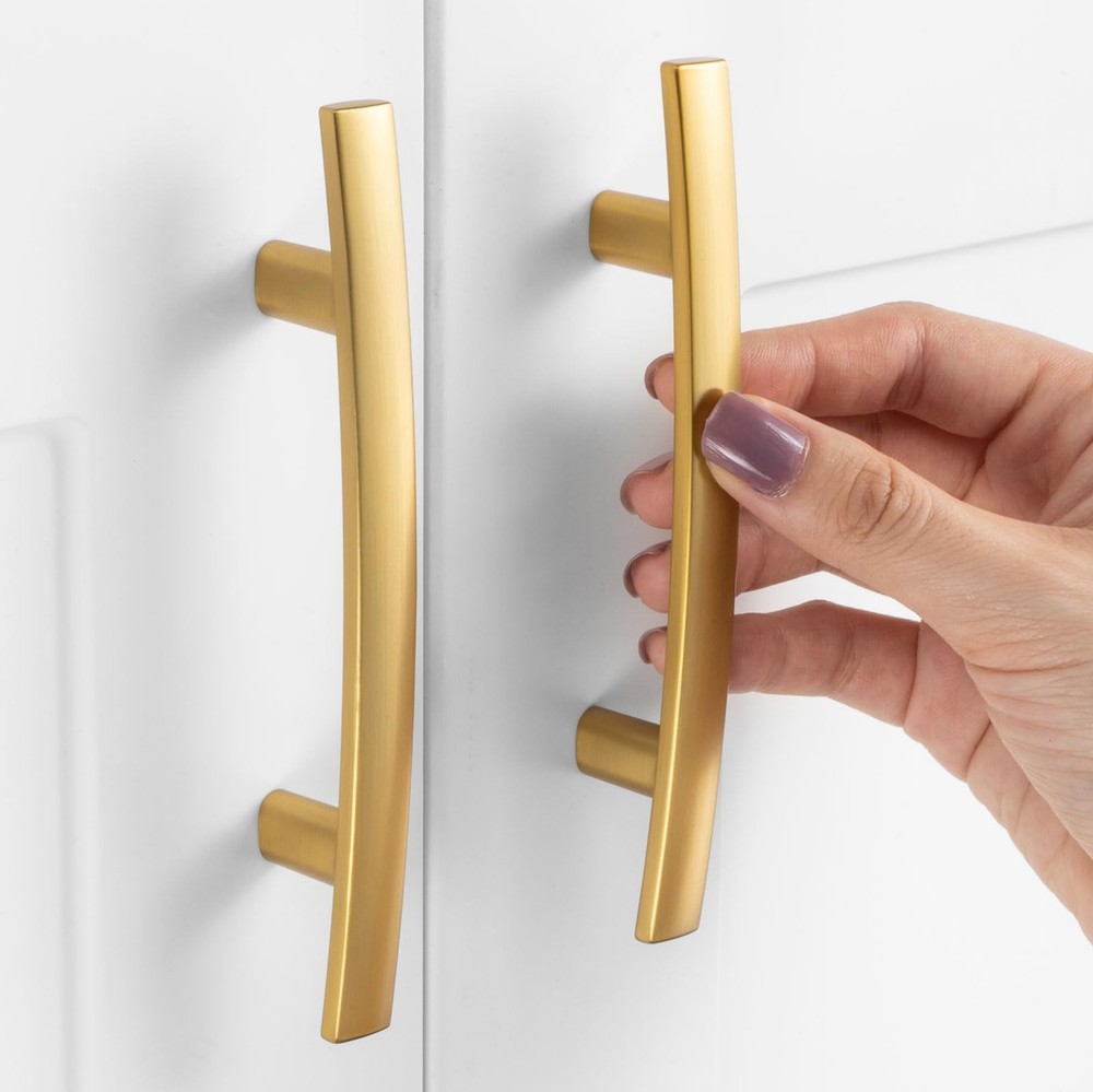 Curved Brushed Gold Cabinet Pulls 3 Inch Hole Centers – 10 Pack for Kitchen