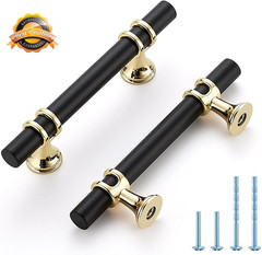 Matte Black and Brushed Brass Cabinet Handles, 3 Inch Hole Center Modern T-Bar D