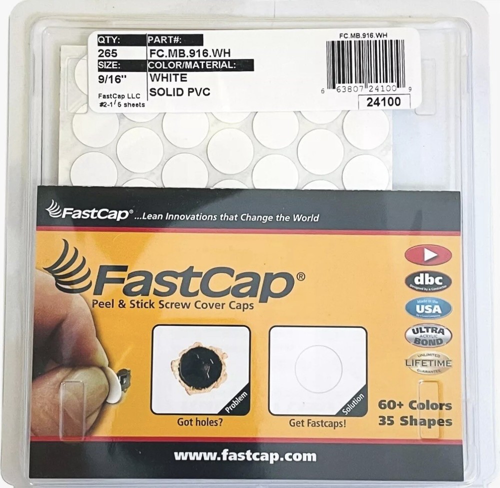 FASTCAP Peel & Stick White Screw Cover Caps PVC 14mm ( 9/16” ) x 265 QTY New