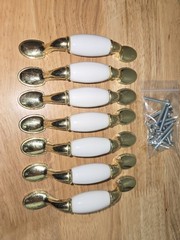 Vintage Gold Tone & White Porcelain Cabinet or Drawer Pulls 7 Pc Lot