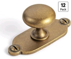 12pk Goo-Ki Antique Brass Zinc Alloy Cabinet Knob w/Backplate Single Hole Center