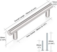 Elegant Brushed Nickel Cabinet Handles – 6-Inch Stainless Steel T Bar Design