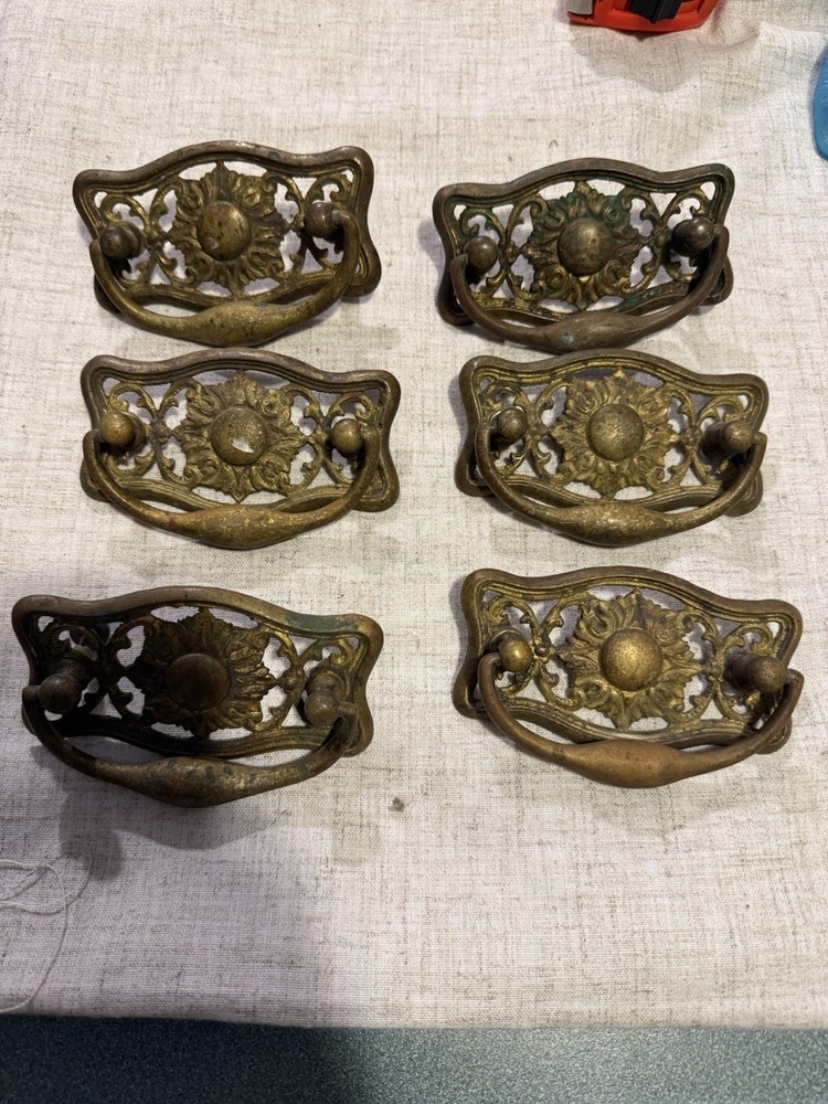 Set Of 6 Vintage Ornate Brass Drawer Pulls