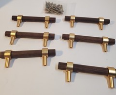 6 Brown Wood And Gold Drawer Pulls Handles Furniture Cabinet Hardware