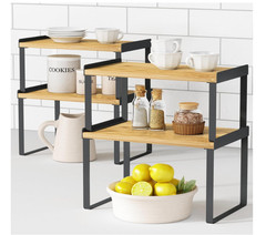 Juego 4 Organizadores Cocina Bambú y Metal para Platos y Tazas