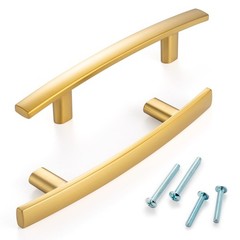 Curved Brushed Gold Cabinet Pulls 3 Inch Hole Centers – 10 Pack for Kitchen
