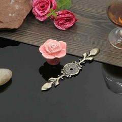 6 Pack Handcrafted Pink Rose Cabinet Pulls with Decorative Bronze Backplates
