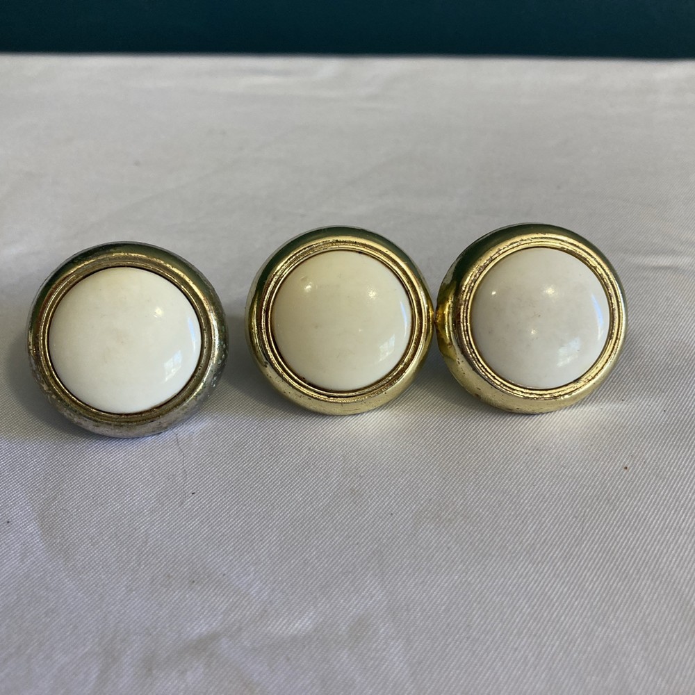 Set Of 3 Polished Brass And White Porcelain Knobs 1.1” Vintage