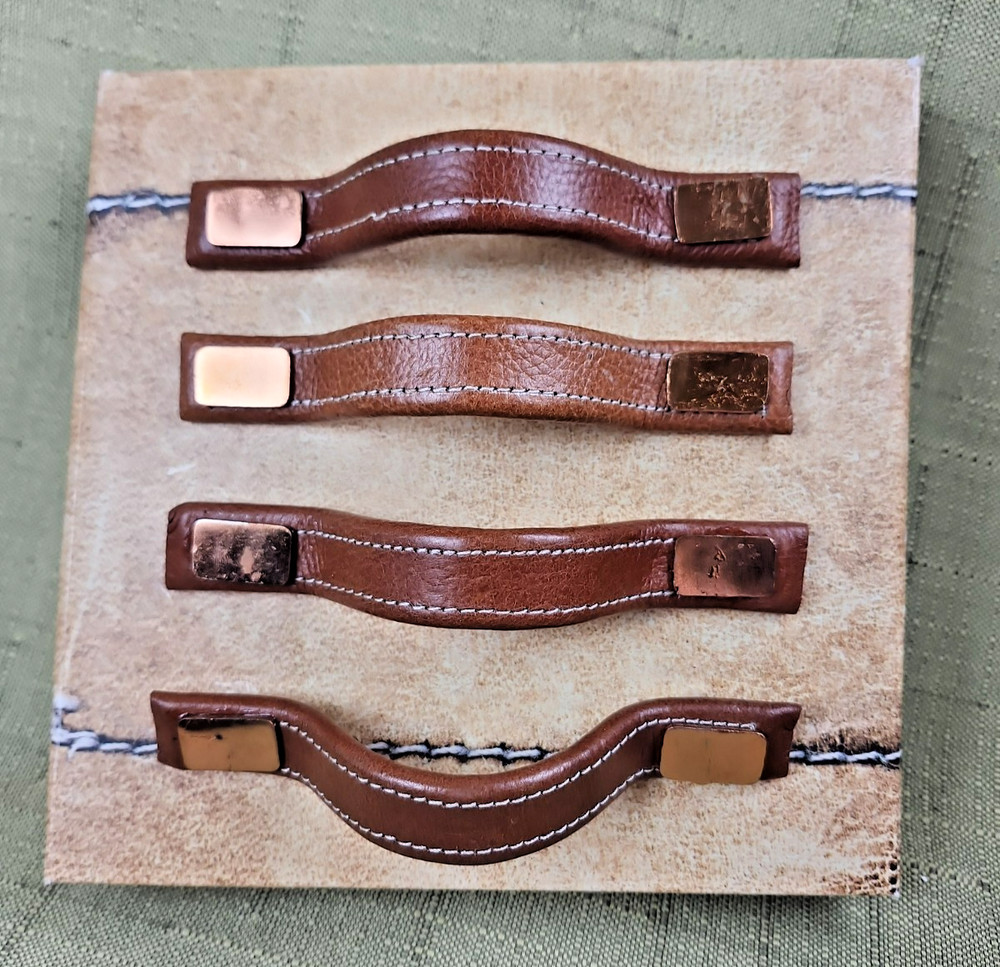 Set of 4 Brown Leather Drawer Pulls with Stitch and Metal Details, 5.5″ Long