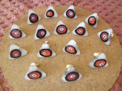 Set of 15 Designed glass Knobs,1.1/2″ Triangle, White milky Black/red Brass
