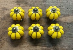 Set of 6 YELLOW ENAMEL PULL Drawer Cabinet Knob Porcelain Handle Screws Included