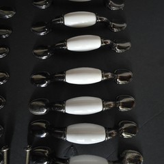 Vtg 20 Wht Porcelain & Gun Metal Gray Spoon Foot Cabinet Pulls 5″ Long 3″Centers