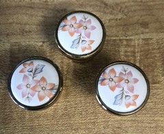 3 Vintage Floral Drawer Knobs Brass Ceramic Porcelain Cabinet Pulls