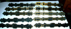 VINTAGE 10 BRASS GOTHIC CABINET/DRAWER -HANDLES/PULLS, 7 1/4” LONG, 3 ” HOLES