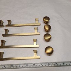 Lot of (8) Gold Square Brushed Satin Brass Cabinet Handles Pulls with (4) Knobs