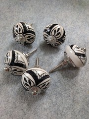 Ceramic Cabinet Knobs Set of 5 Black White Glossy Round India