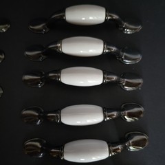 Vtg 20 Wht Porcelain & Gun Metal Gray Spoon Foot Cabinet Pulls 5″ Long 3″Centers