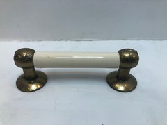Vintage White Porcelain and Brass Drawer Cabinet Pull Handle 4″ Wide