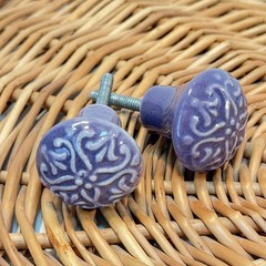 Set Of 4 PURPLE Cabinet Knobs Ceramic Glazed Scroll Furniture Lavender 1 1/4”