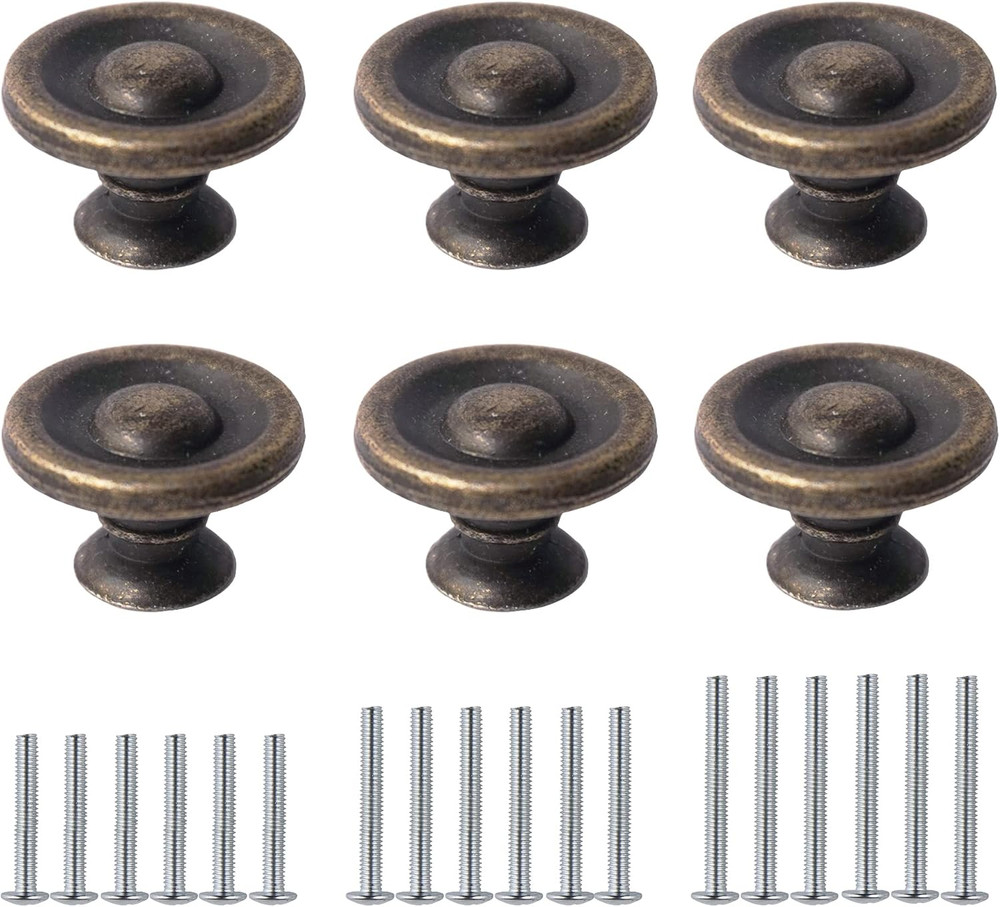 Bronze Cabinet Knobs, 6 Pack Vintage Drawer Pulls for Kitchen Metal Round Dresse