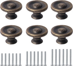 Bronze Cabinet Knobs, 6 Pack Vintage Drawer Pulls for Kitchen Metal Round Dresse