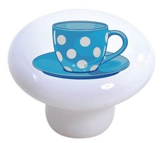 Blue Polka Dots Coffee Cup Ceramic Cabinet Drawer Pull Knob