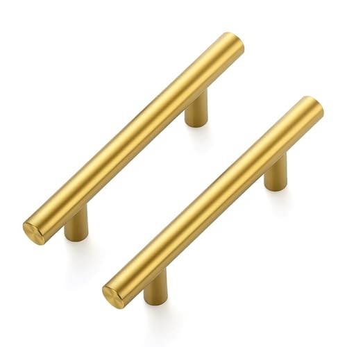 Pack Cabinet Handles with 3 Inch 3″ Hole Center 10 Brushed Brass T-Shaped