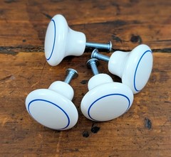 Set of 4 Vintage White Porcelain Cabinet Knobs 1.25″ Blue Cobalt Line Ring