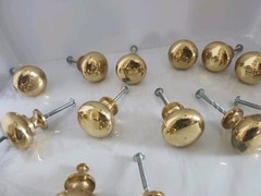 Vintage Lot of 14 Polished Brass Heavy Cabinet Drawer Knobs Pulls With Screws