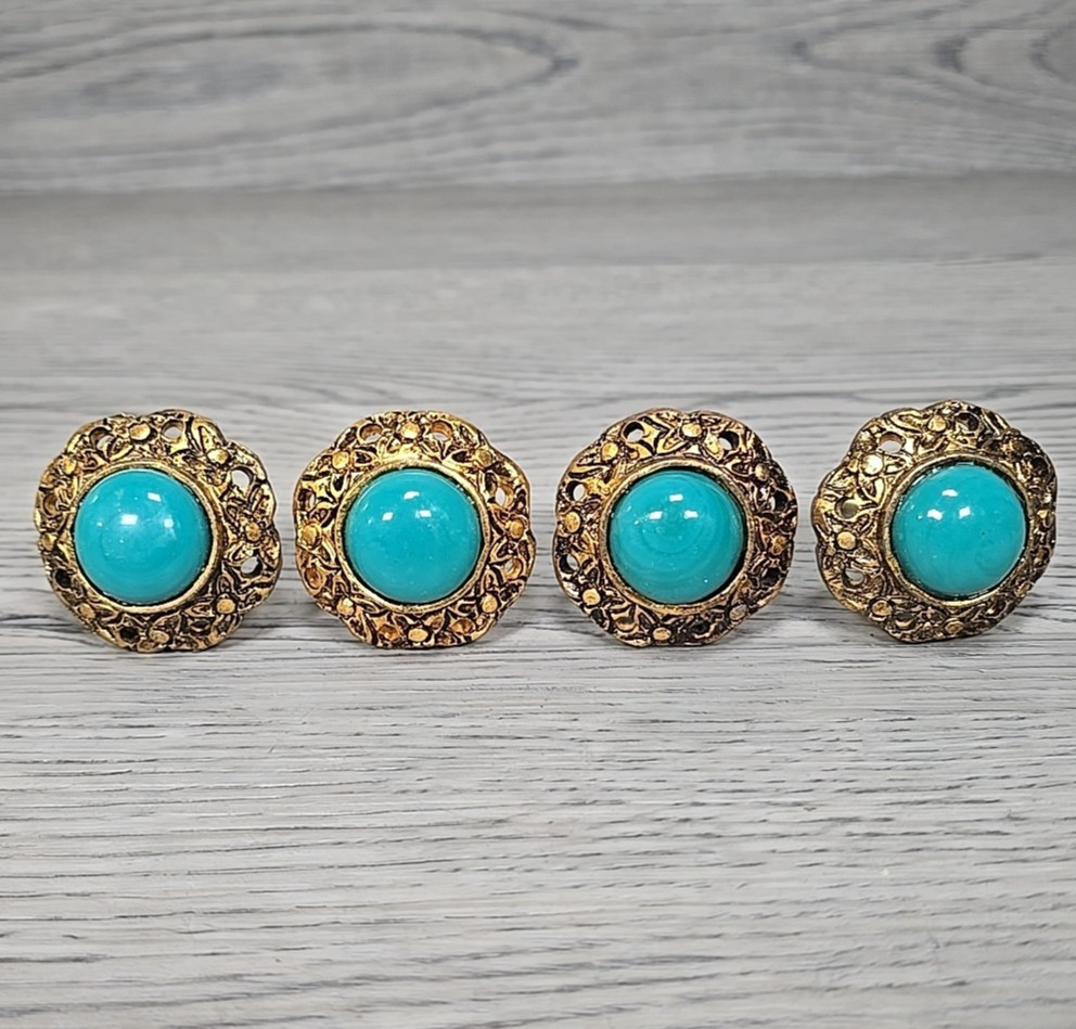 Boho Faux Turquoise Stone 2″ Diameter Drawer Knobs Pulls Gold Filigree Set of 4