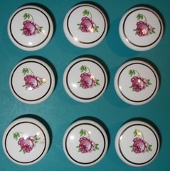 ROSE ROUND DRAWER CABINET PULLS KNOBS 9 CERAMIC WHITE GOLD PINK ROSE DECAL USED
