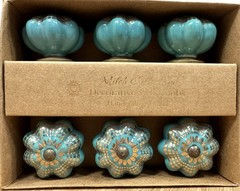 Mileh Collection Turquoise Gold Set of 6 Ceramic Decorative Pull Knobs NEW