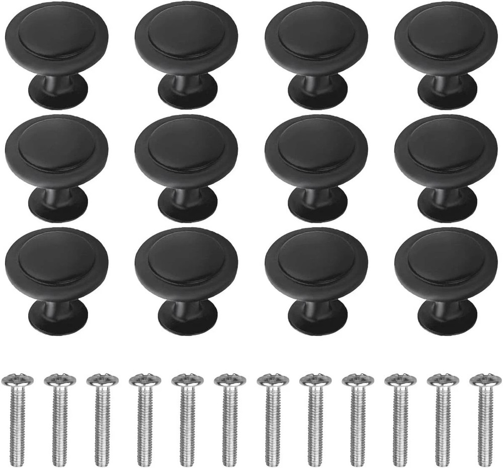 12 Pack Black round Cabinet Hardware Knobs 1.18 Inch Flat Pulls Knob with Screws