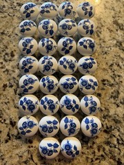 LOT OF 30!! 1950’s Vintage Kitchen Cabinet Hardware, Blue & White Ceramic Knobs