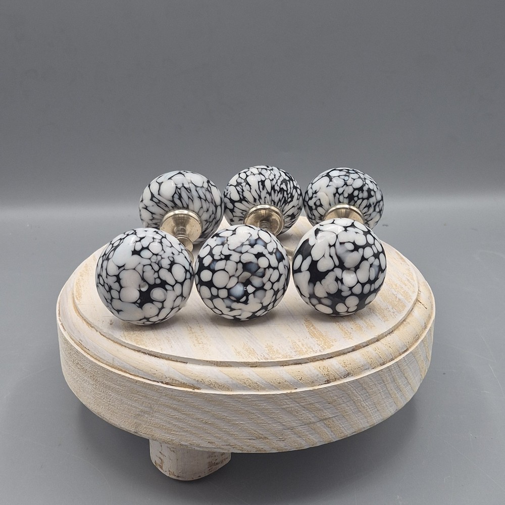 Marble Glass Cabinet Knobs Drawer Pulls (6) Black White Splatter 2″ Diameter