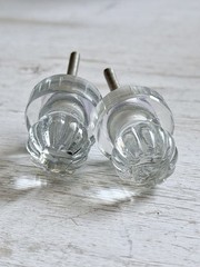 2 Round Glass Ribbed Knob Backplate Vintage Style Glass Drawer Cabinet Knobs