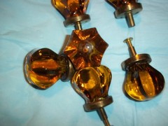 AMBER Cut Glass Drawer / Cabinet Knob – 1-1/2″ Octagon – Set of 6 NEW