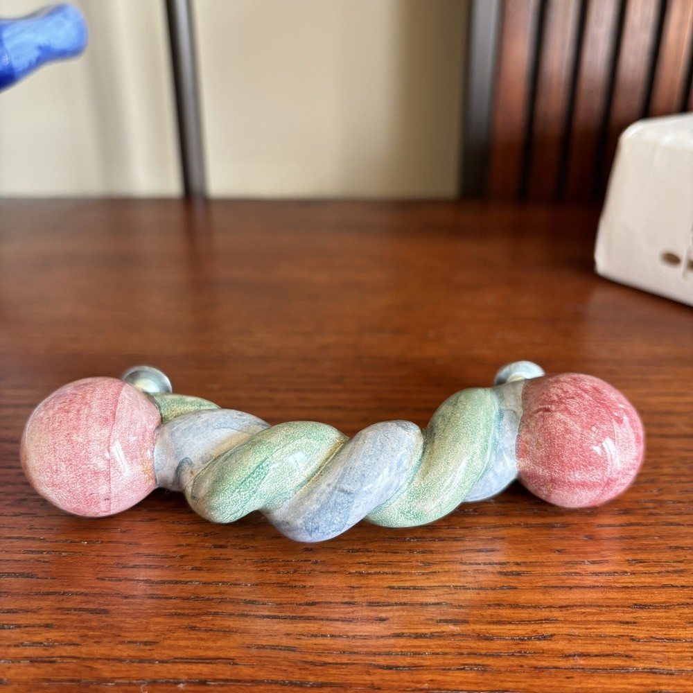 Mackenzie Childs Braided Twist Pastel Ceramic Hand Crafted Handle Pull Red Blue