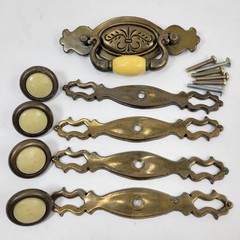 5 Vintage Brass Drawer Pulls Ornate with Round Stone Knobs and Mounting Screws