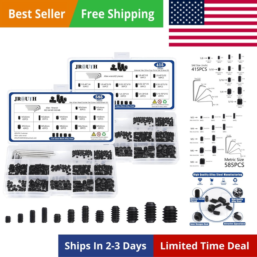 1000pcs Metric + SAE Set Screw Assortment Kit, Internal Hex Drive Cup-Point A…