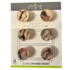 New Mint Renew Set 6 MARBLE Glass Drawer Pull Knobs BROWN/GRAY/PINK PEARL BRASS