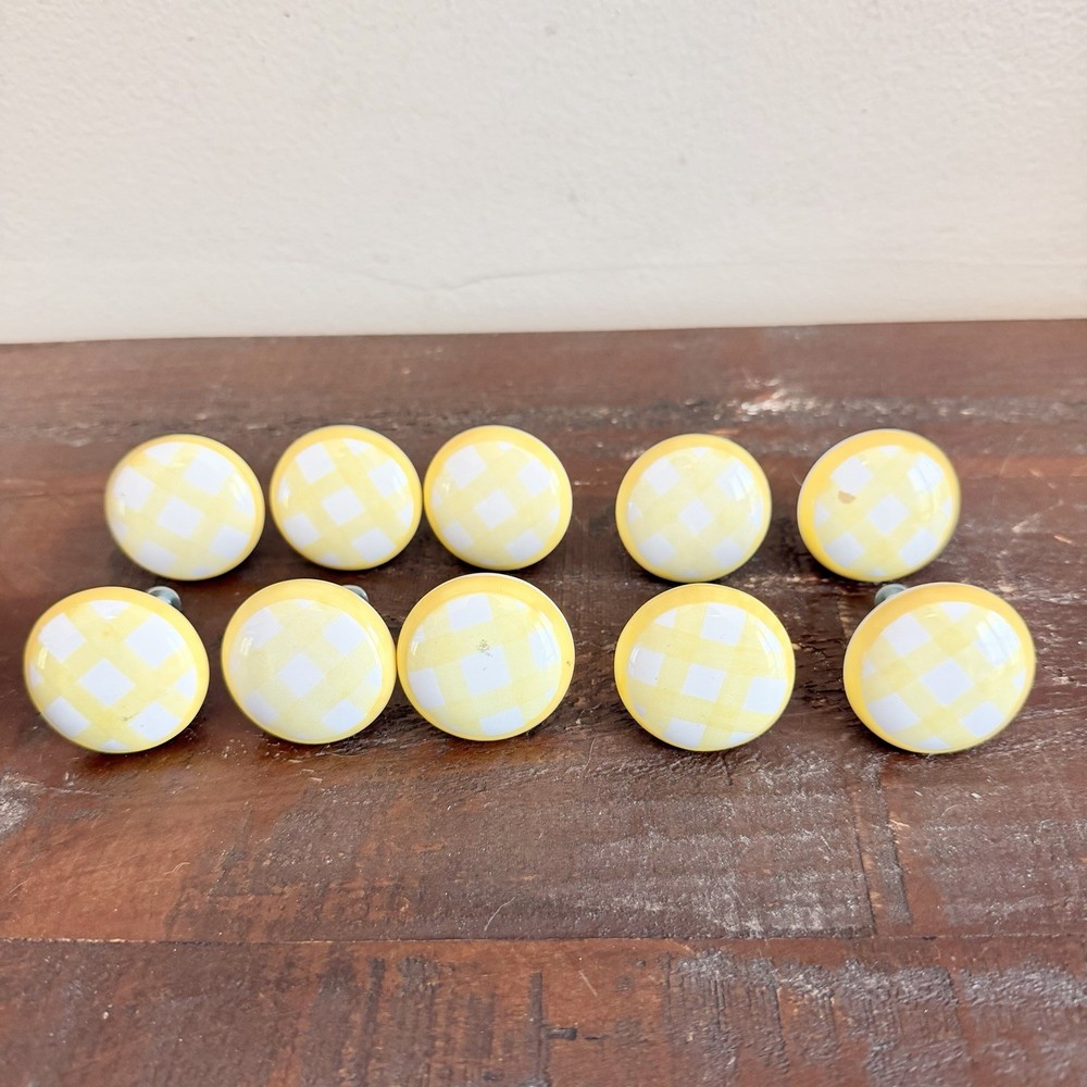 Yellow Gingham Check Ceramic Drawer Knobs Pulls Set of 10 Cottagecore Farmhouse