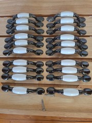 Vtg 20 Wht Porcelain & Gun Metal Gray Spoon Foot Cabinet Pulls 5″ Long 3″Centers