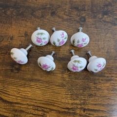 Vintage Shabby Chic Ceramic Pink Roses Cabinet Drawer Knobs Pulls Set of 7