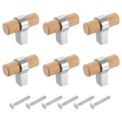 6Pcs T Bar Wooden Drawer Pulls Single Hole Handle with Screw Beech Wood/Silver