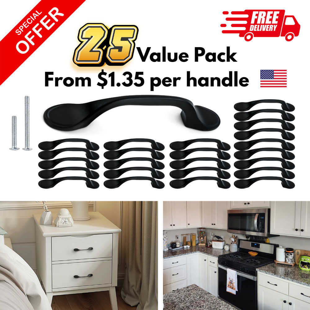 25 Packs Black Footed Cabinet Handles Drawer Pull Cupboard Kitchen Hardware