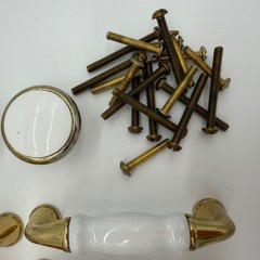 Vintage White Ceramic Brass Cabinet Pulls & Knobs Japan Hardware Lot