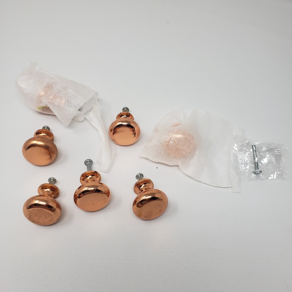 Copper Brass Color Round Metal Cabinet Drawer Pulls Lot of 7 Smooth Shiny