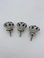 3 Blue White Vintage Ceramic Porcelain Drawer Cabinet Knobs Pulls 1.75″