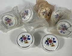 (6) Porcelain Floral Cabinet Drawer Knobs Pulls Round Painted Floral Motif